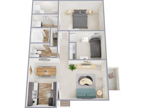Floor plan for 2 beds, 1.5 baths, 855 sqft